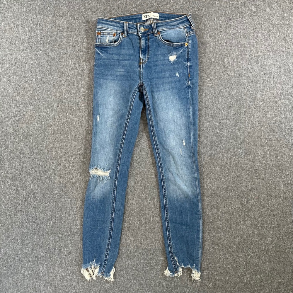 Zara The Skinny Cies Blue Distressed Skinny Jeans Womens Size 4 Frayed Hem Denim